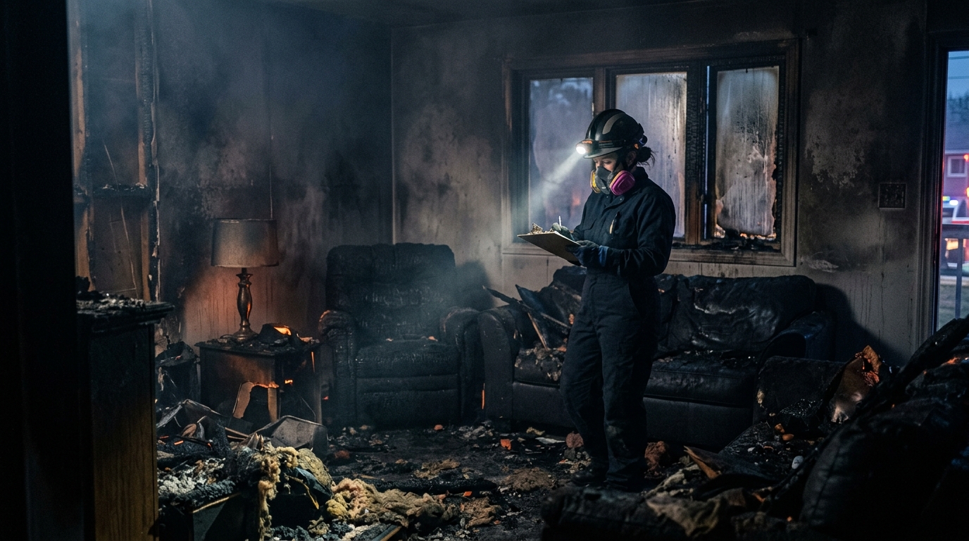 Restoration technician assessing a soot-damaged living room at night