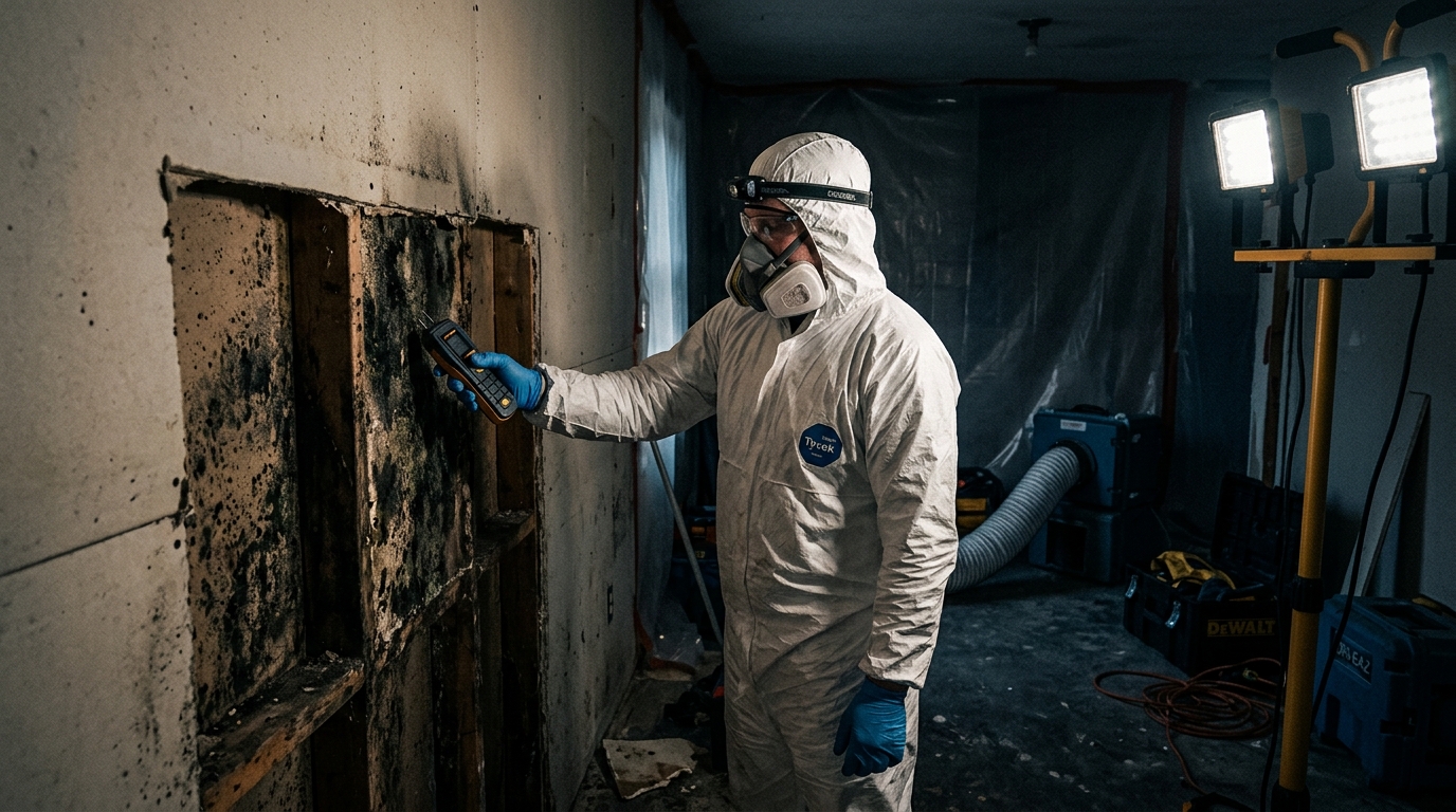 Restoration technician with a moisture meter inspecting mold growth on a drywall wall